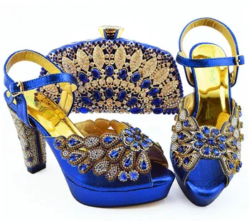 

African aso ebi wedding party matching lace fabric dress shoes and bag in italian design royal blue color size 38-43 SB8363-2