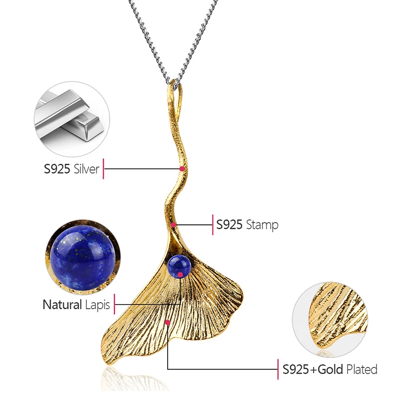 Lotus Fun Real 925 Sterling Silver Natural Lapis Handmade Fine Jewelry Ginkgo Leaf Pendant without Chain Acessorios for Women