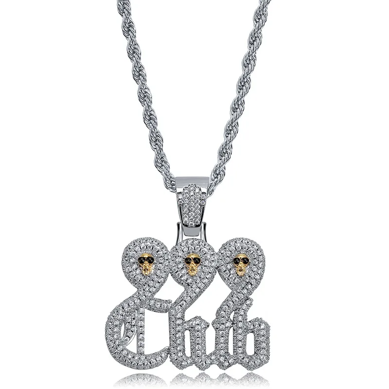 

Hip Hop Rock Full AAA CZ Stone Bling Iced Out Silver Color 999 Skull Club Pendants Necklace for Men Rapper Jewelry Drop Shipping