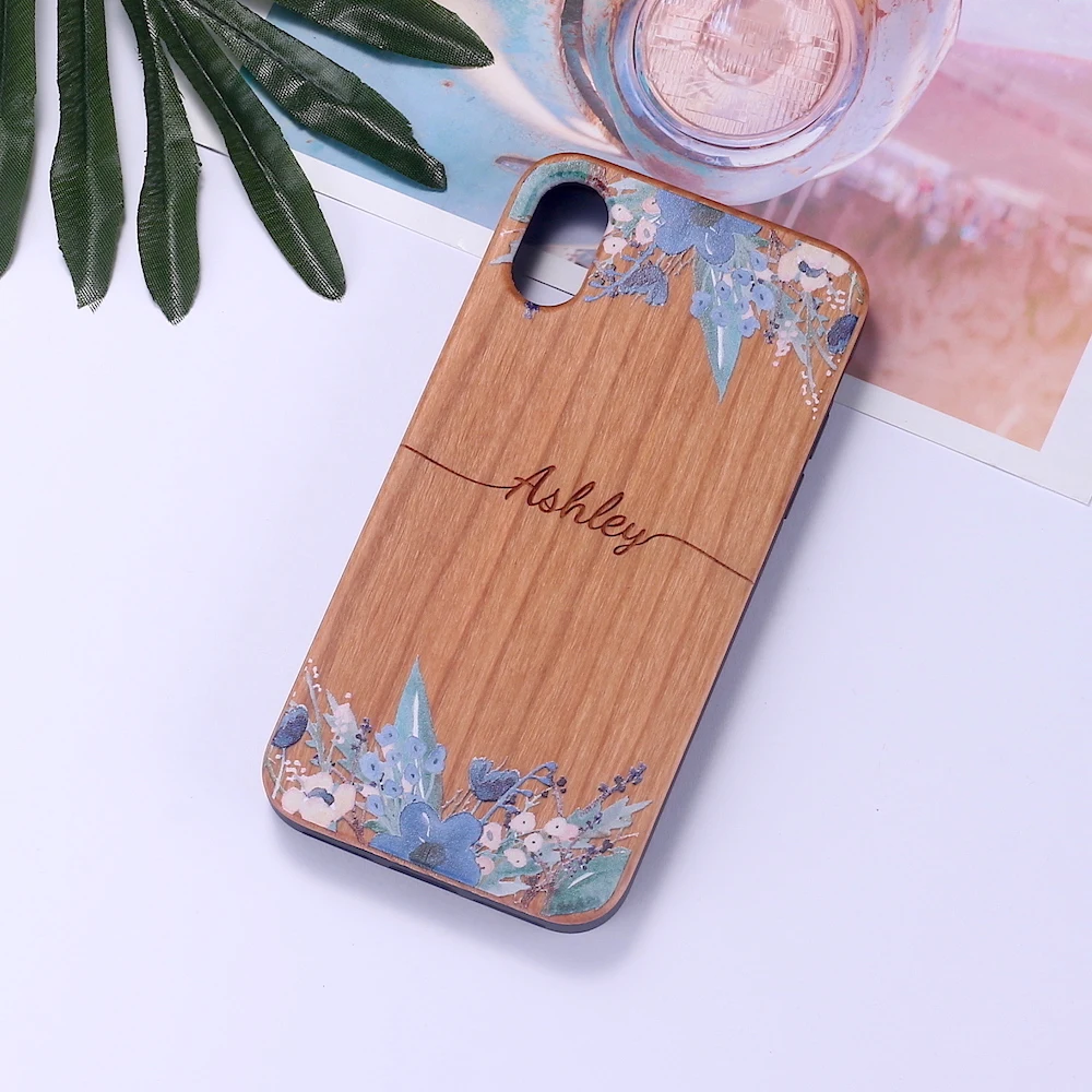 

Custom Personalised Vintage Cherry Wood Floral Flower Border your Name Mobile Phone Soft Case For iPhone XS Max XR X 7Plus 8Plus