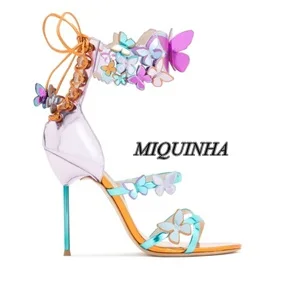 

nice looking color butterfly decoration women sandals lace up cover heel super stiletto heel shoes open heel party footwear