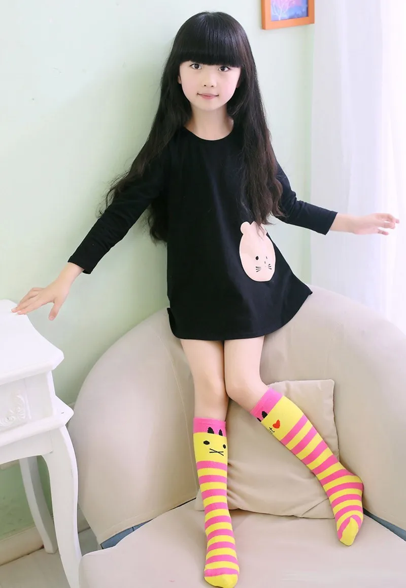 Hot Girls Children Striped Tights Knee High Socks Cute Cat Design Pattern Tights Leg Warmer Kids Knee Socks CL0859 (13)