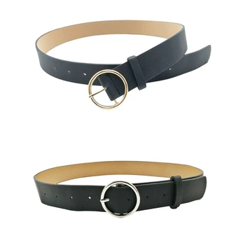 

New Fashion Style Round Metal Circle Belt Gold Silver Color Black White PU Leather Waist Belts for Women Pants Wholesale