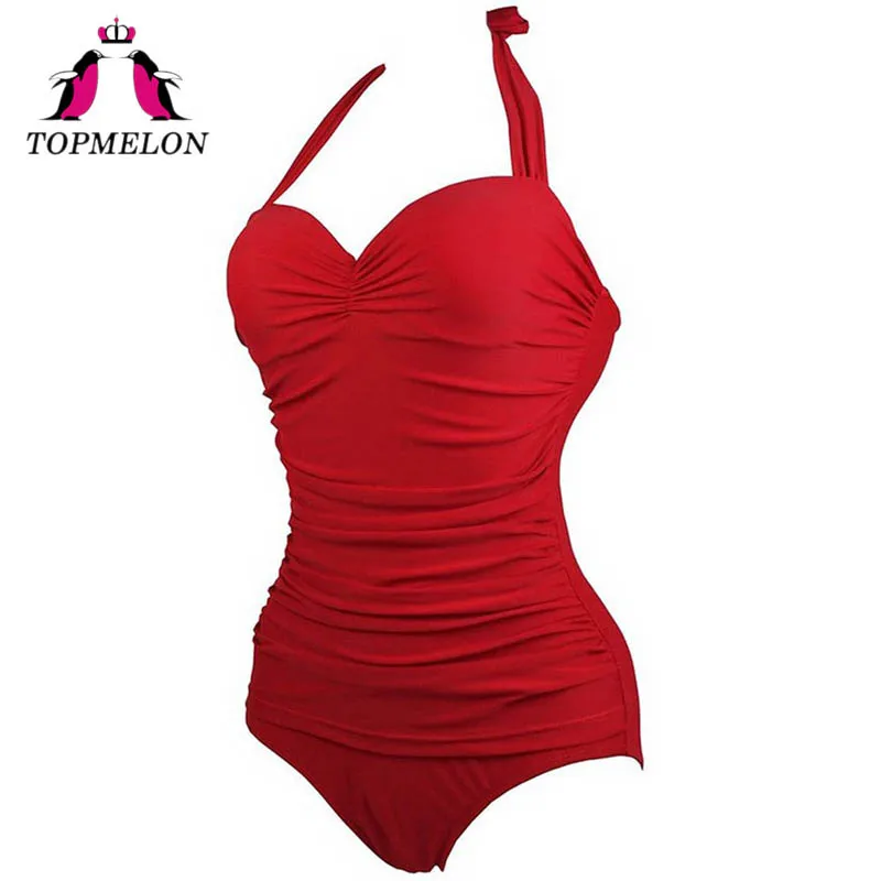TOPMELON One Piece 2017 Swimwear Women Plus Size Solid Push Up Halter