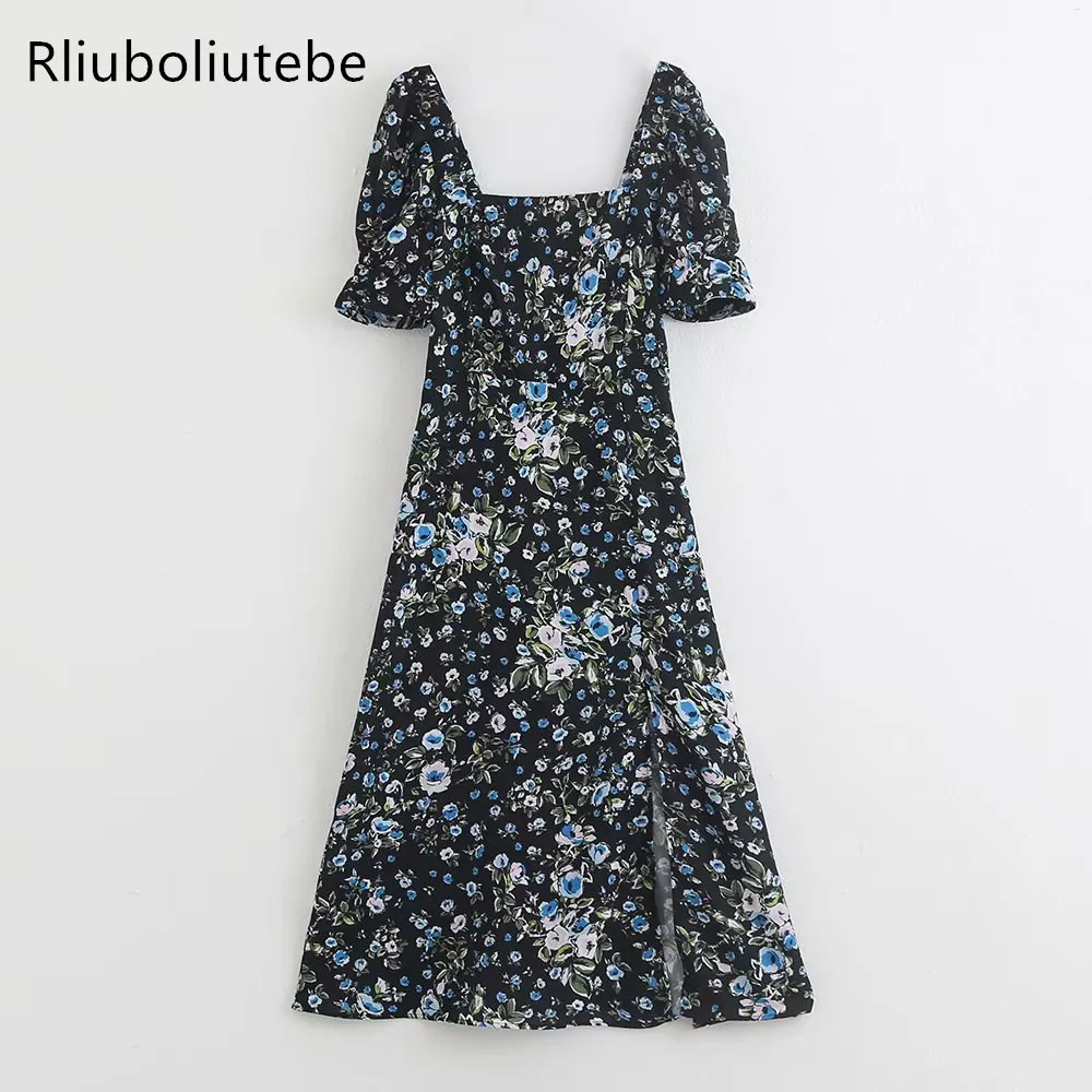 

Midi Dress Women Short Sleeve Slit Vintage Print Elegant Floral Dress Vestidos Summer Clothes For Women