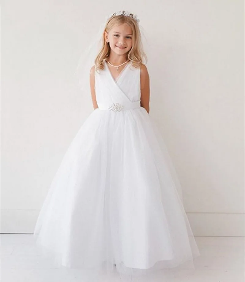 

New White V Neck Flower Girls Dresses Ankle Length with Beaded Sash Any Size