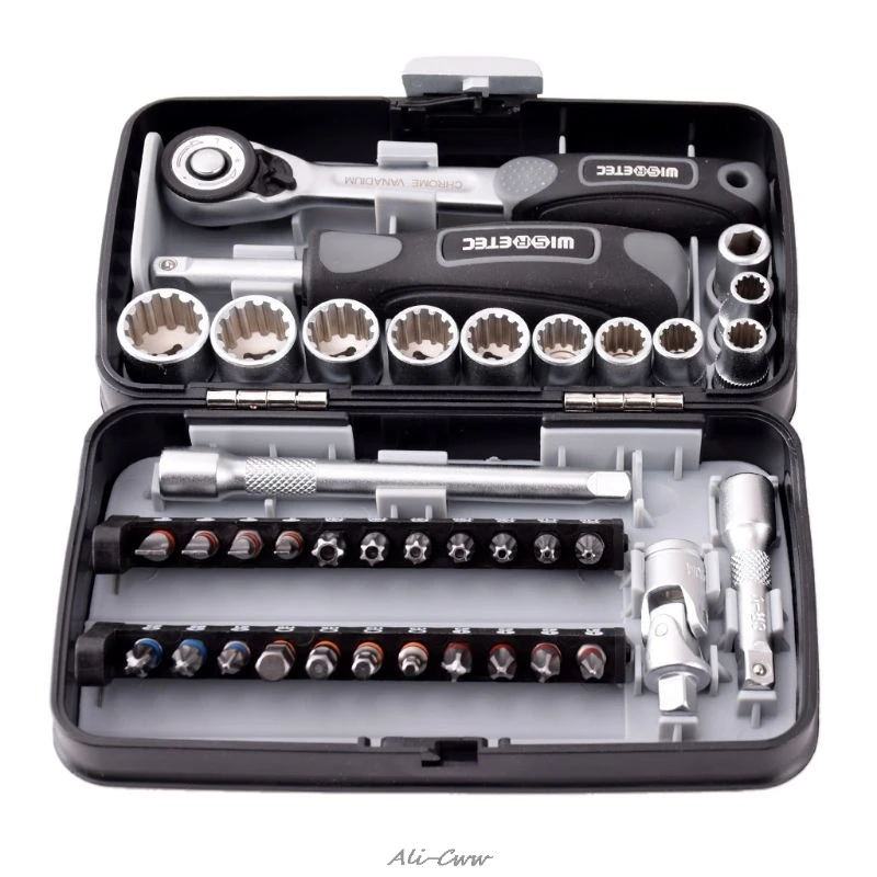 

High quality 38PCS Mini ratchet wrench set 1/4 socket screwdriver head hex trox slot bit bike Repair handle tools S2 material