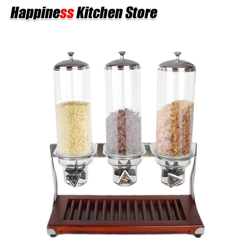 

4L*3 Dry Food Dispenser Wooden Base Three Tanks Cereal Bean Dispenser Food Storage Container Household Kitchen Accessories