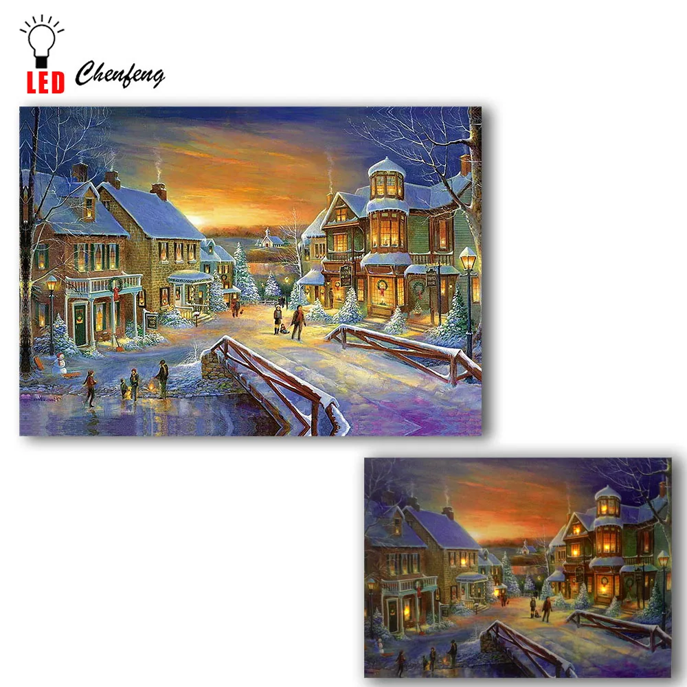 Günstige Führte leinwand druck Weihnachten stadt nacht in winter wand bild Beleuchten leinwand Malerei licht up poster drucken urlaub geschenk