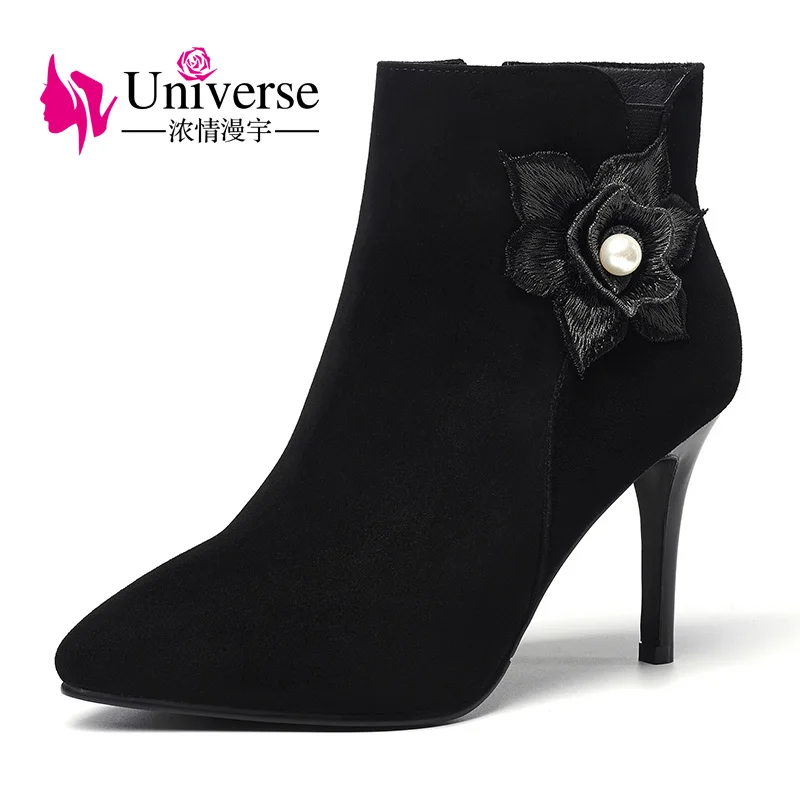 

Universe kid suede women ankle boots sexy pointed toe thin heel ladies boots winter shoes G356