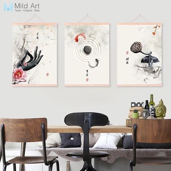 

Watercolor Chinese Buddha Fish Lotus Wooden Framed Posters Print Oriental Zen Wall Art Pictures Home Deco Canvas Painting Scroll