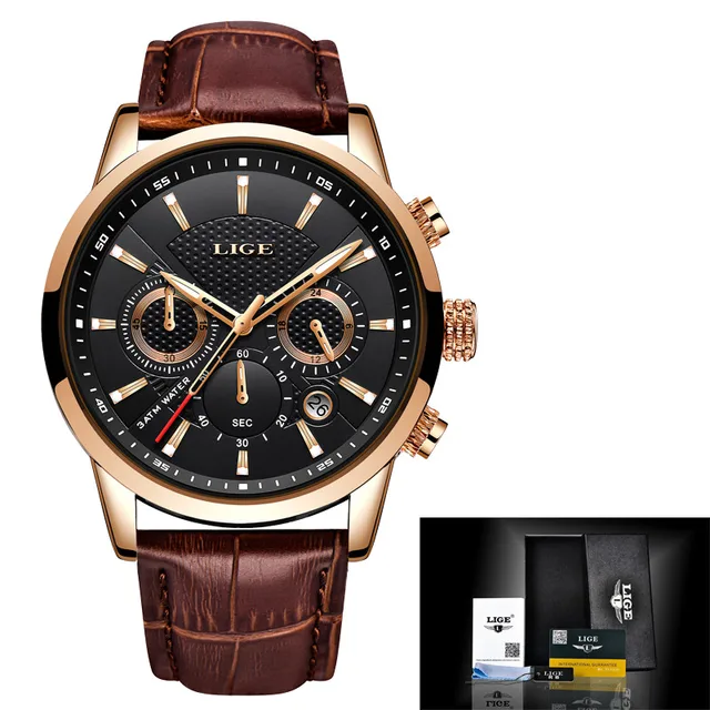LIGE Men Watches 2022 New Fashion Leather Waterproof Luminous Top Brand Luxury Mens Quartz Wristwatch Men Relogio Masculino+box Gold black L