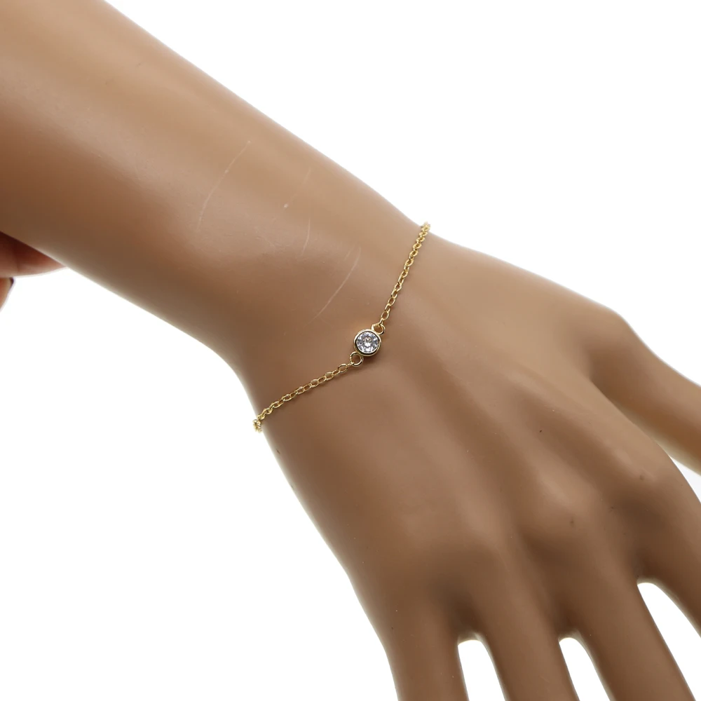 

2018 New top quality simple delicate bracelet gold color adjustable link chain single round clear cz bead bracelet jewelry 15+4