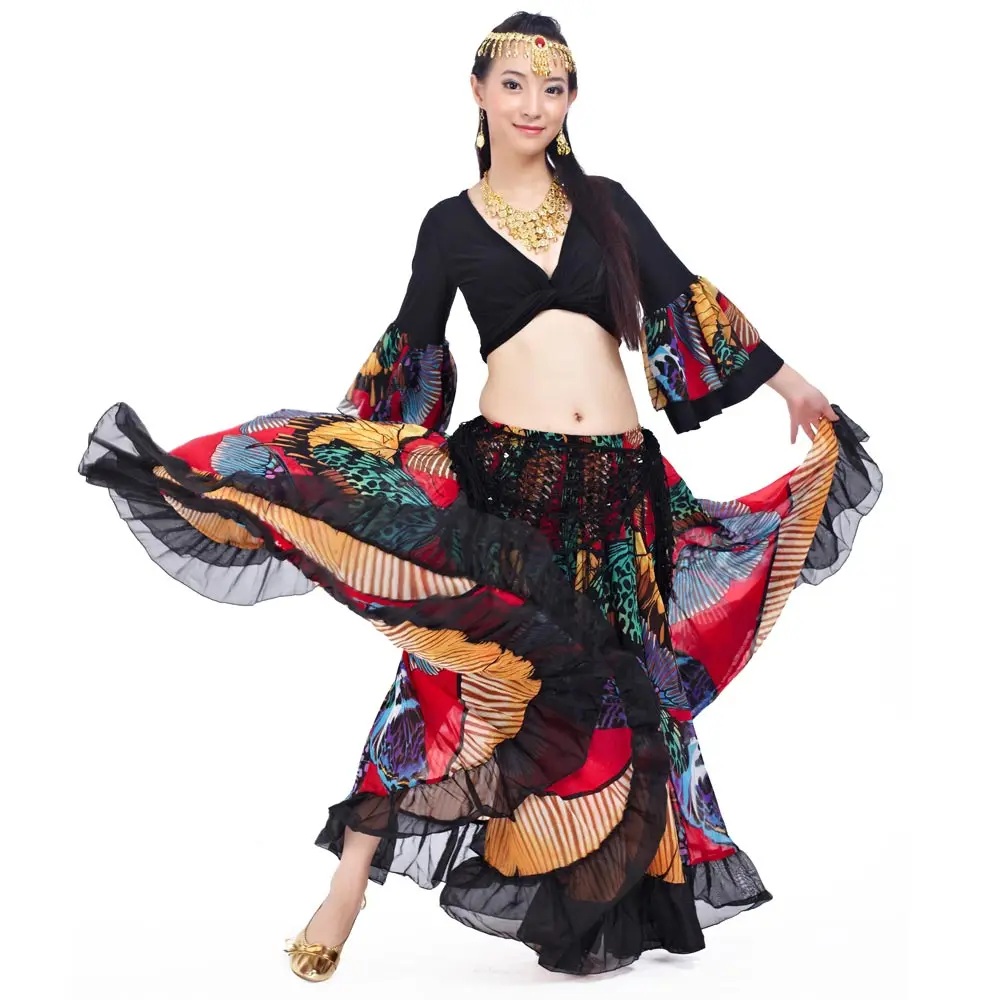 Высокое качество дешевые цыганские юбки для танца живота для женщин большие цветы танцевальный костюм NMMQB01 - Цвет: top and skirt