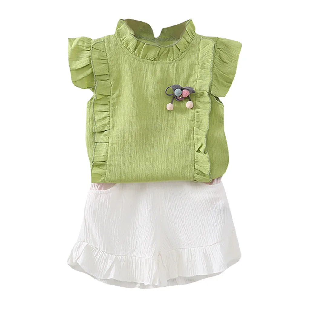 

Kids Summer Sets Toddler Girl Clothes Casual Fashion Cotton Short Sleeves Ruffled Shirt Tops +Shorts Pants Set