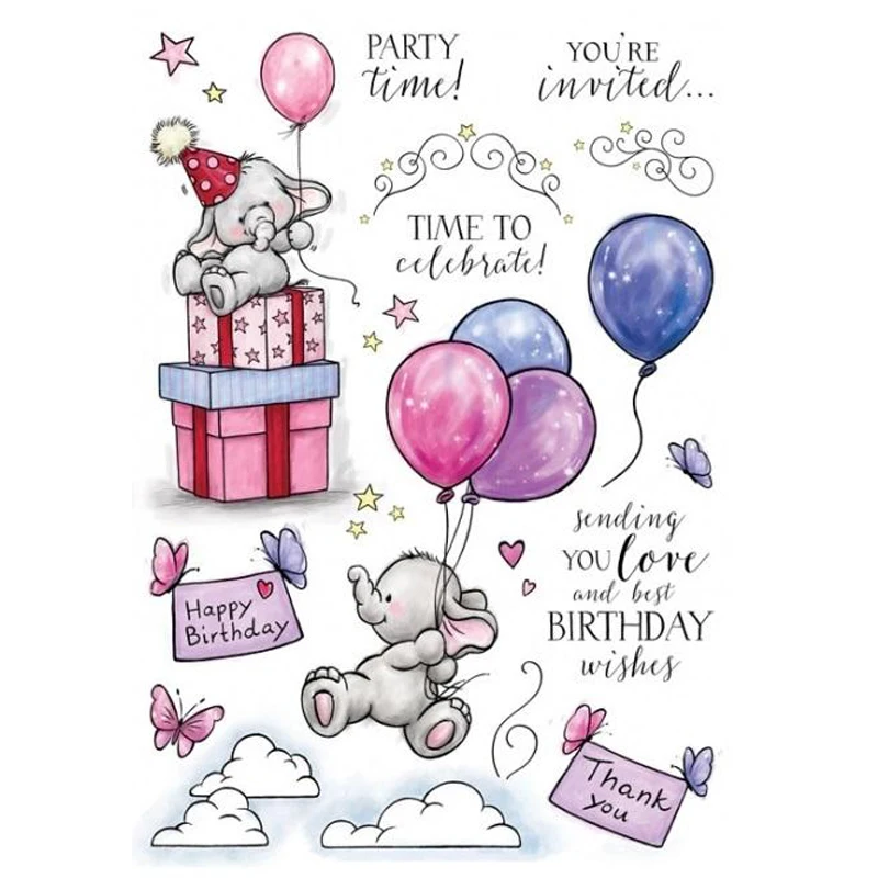 

Elephant Balloon Birthday Wild Rose Transparent Clear Silicone Stamp Set for DIY Scrapbooking/Photo Album Card Making Decorative