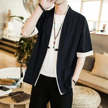 Высокое качество летние мужские лоскутные рубашки уличный с короткими рукавами Harajuku винтажные кимоно рубашки черные модные открытые строчки