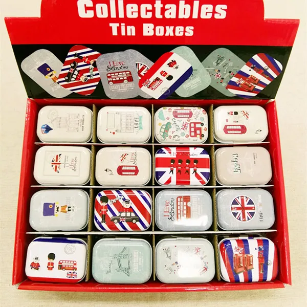 

Free Shipping!32pcs/box Cartoon British print Tin Box Metal Coin Saver Jewerly Case Pill case 16 designs Chocolate Box GD16