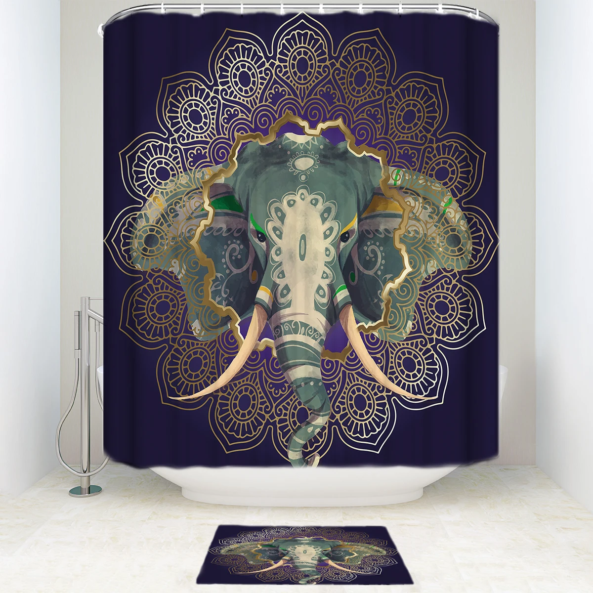 

Golden Mandala Frame and Elephant Waterproof Polyester Fabric Shower Curtain with Hooks Doormat Bath Floor Mat Bathroom