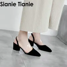 Sianie Tianie/ г.; Летние пикантные женские босоножки из искусственной замши с острым носком из флока и ПВХ на высоком квадратном каблуке; женские босоножки с ремешком на пятке; размер 42, 43