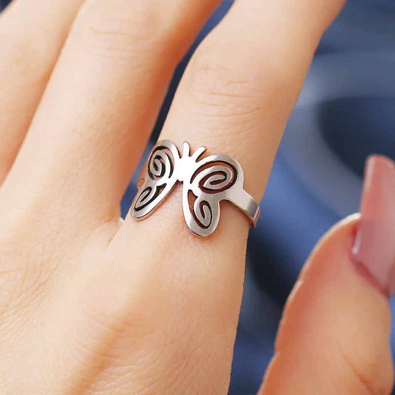 Woiwoi Stainless Steel Rings Hollow Butterfly Wedding Rings for Women Bow Engagement Ring for Female Jewelry (3)