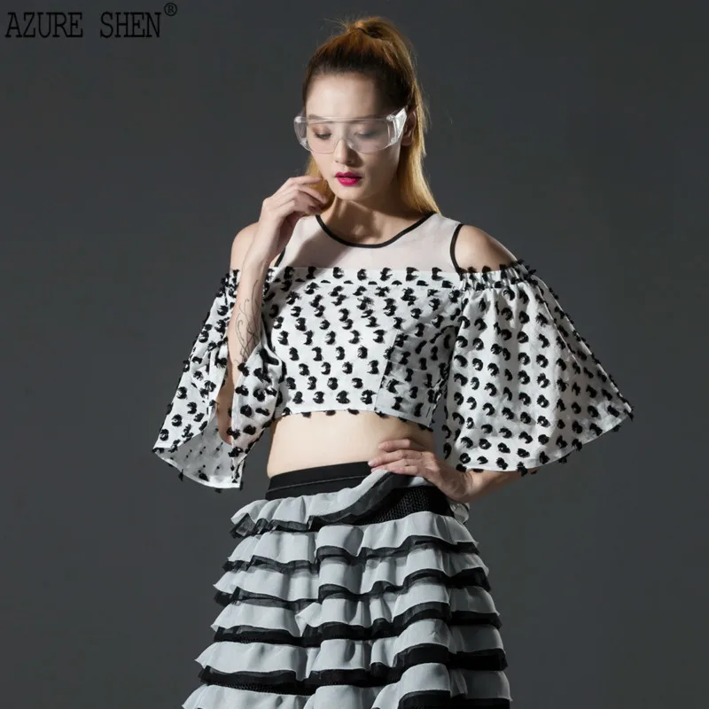 [EWQ] Customization Short Chiffon 2018 RoundNeck Off Shoulder Tops Shirt For Ladies Spliced Butterfly Sleeve AZU11301