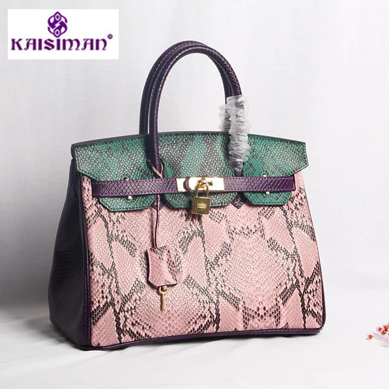 

Genuine Leather Women Handbags Snake Pattern Lock Platinum Bag Pink Green Fashion Cowskin Top Handle Tote Handbag Shoulder Bags