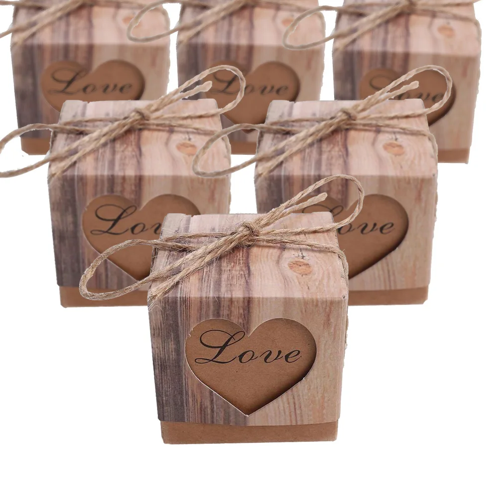 

50pcs/lot Romantic Heart Candy Boxes for Wedding Decoration Vintage Kraft Paper Favors and Gifts Box with Hemp Rope Twine Chic