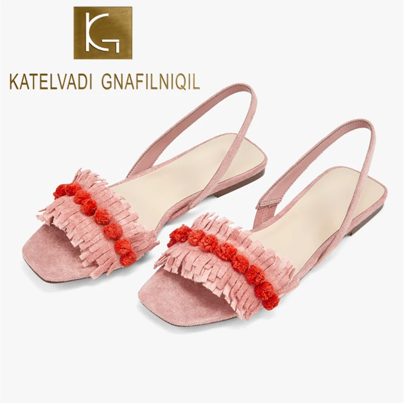 

KATELVADI Woman Shoes Summer Sandals Pink Flock Fringe Sandals Flats Back Strap Casual Sandalias K-447