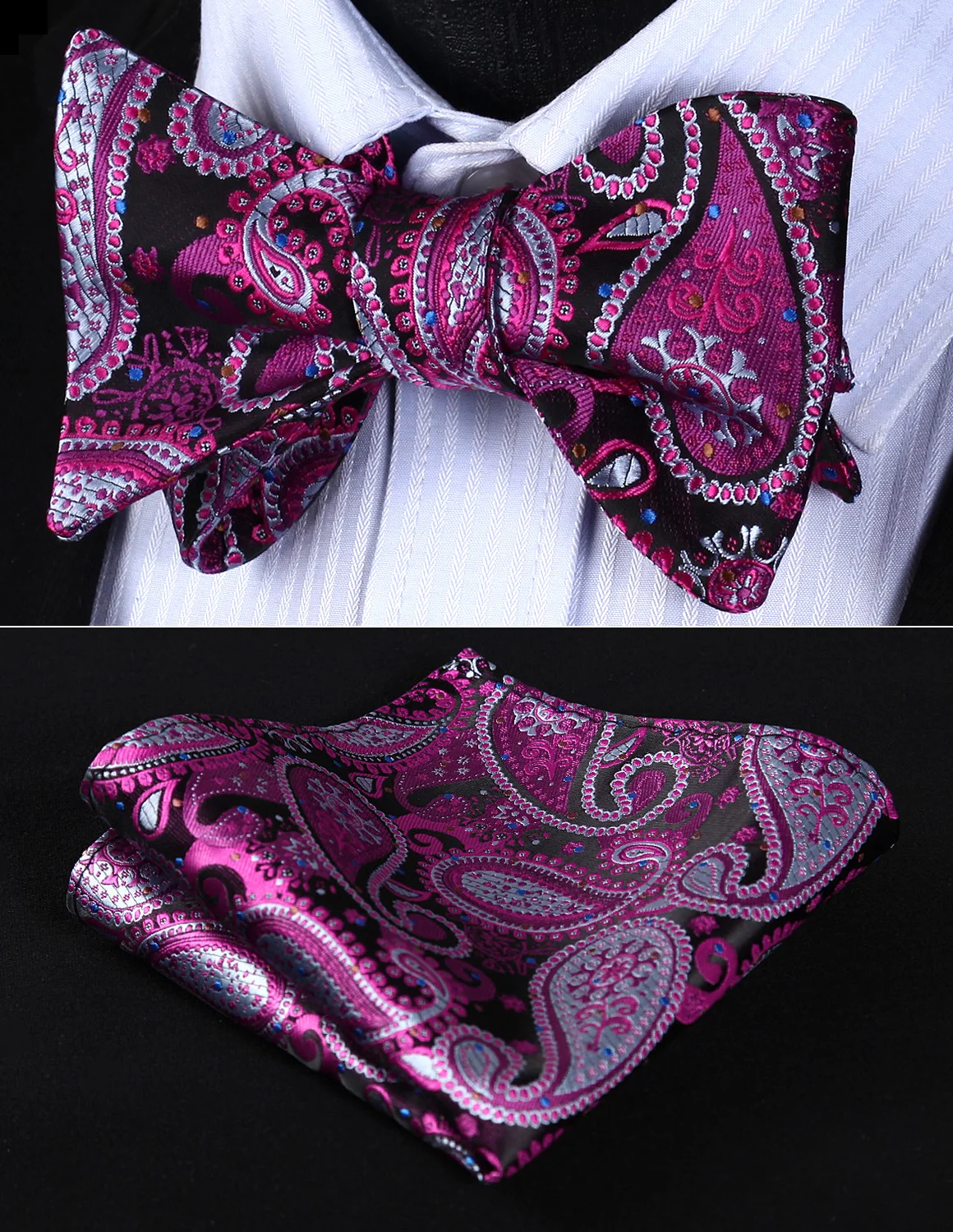 Wedding Pocket Square Party BP706HS Hot Pink Blue Paisley Bowtie Men Silk Self Bow Tie