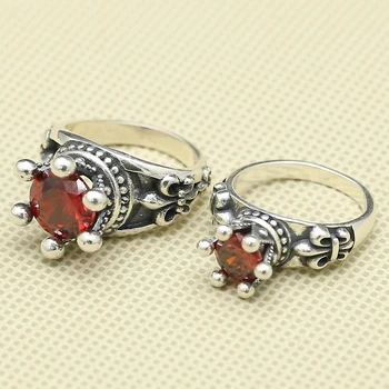 

Solid Silver 925 Red Stone Crown Rings Men Women Vintage Gothic Punk Style 925 Sterling Silver Thai Silver Jewelry 2017 New Gift