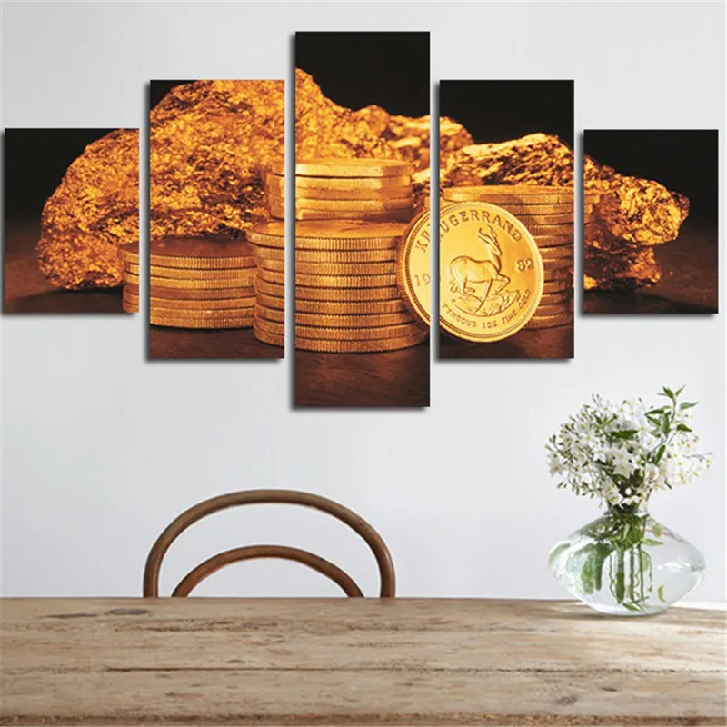 5 Pcs Gold Coins Art Canvas Painting Modular HD Digital Print for Home