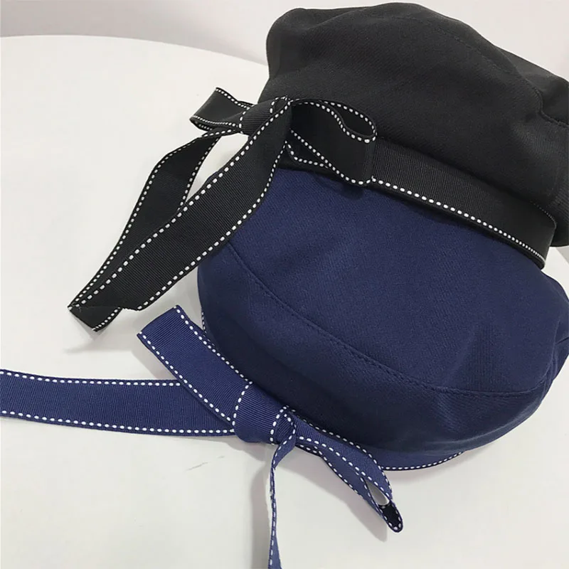 Fashion Cotton Beret Hat Women Ribbon Bow Letter Embroidery Cap Female Ladies Beanie Beret Sweet Girls For Autumn Winter