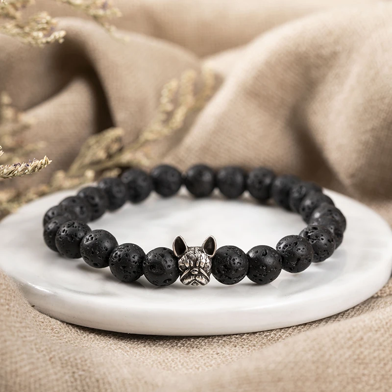 Natural Stone French Bulldog Beaded Bracelet