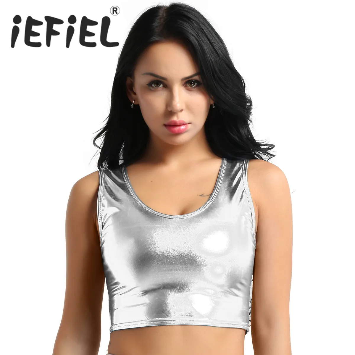

Newest Fashion Female Women Girls Shiny Metallic Scoop Neck Tank Crop Top Vest Bustier Blouse Shirt for Clubwear Party Vest Tops