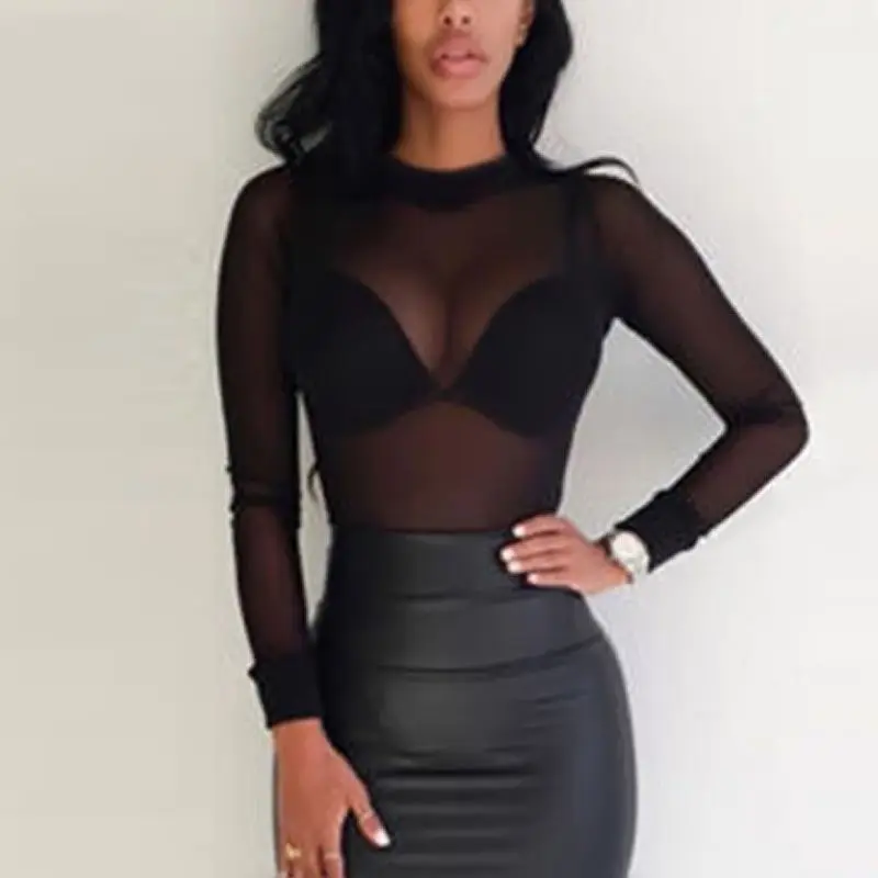 

Fashion Sexy Ladies Women Long Sleeve Sheer Mesh T-shirt See Through Bodycon Slim Black Turtleneck Summer Hot Plain Tops T-Shirt