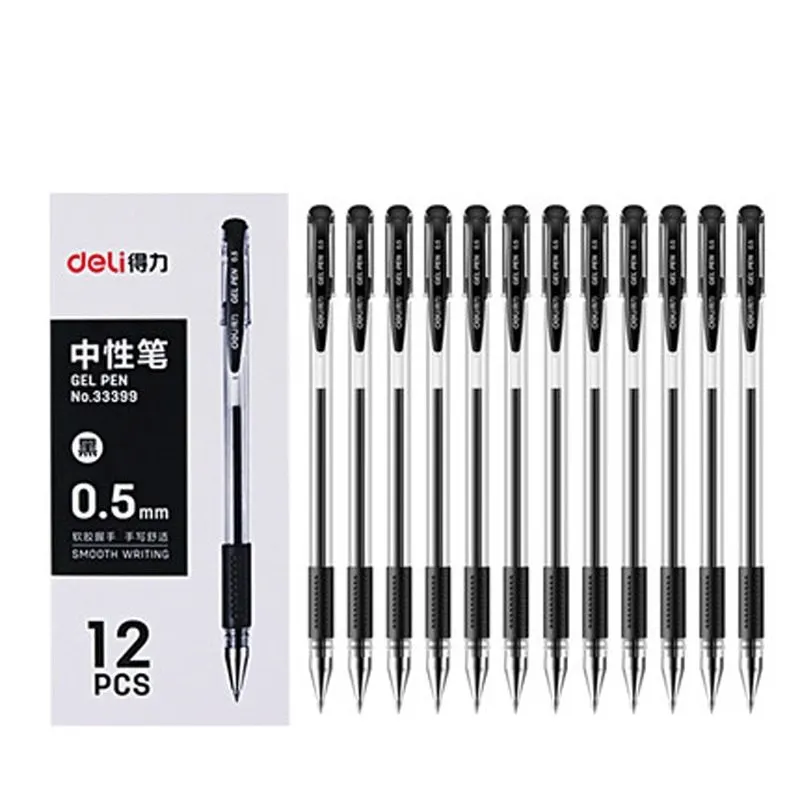 

12pcs Deli Gel Pen 0.5mm Black Red Blue Ink Marker Promotional Student Writing Stationery School Office Supply Muji Style Pen