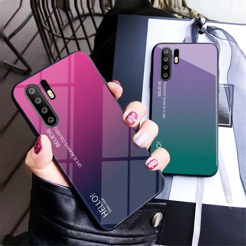

Phone Case For Huawei P30 Lite Pro Case Cute Gradient Tempered Glass + Soft Silicone Cover For Huawei P30 Pro P 30 Case Capa