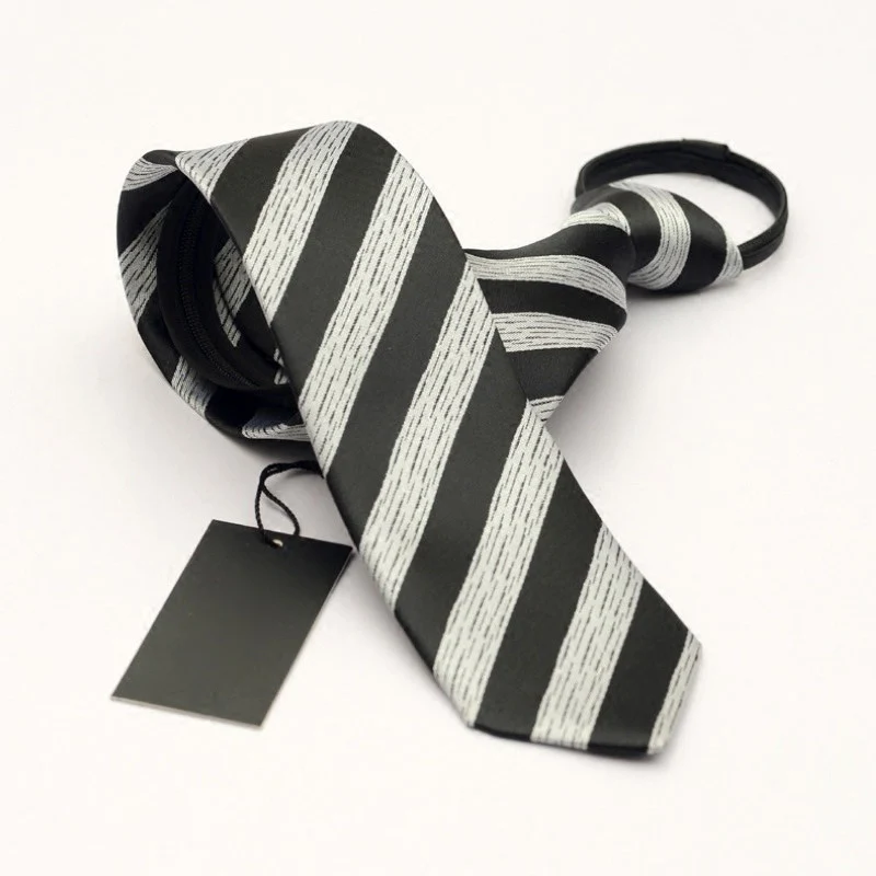 Black Grey Striped Zipper Tie 6cm Lazy Necktie Easy To Pull Men's