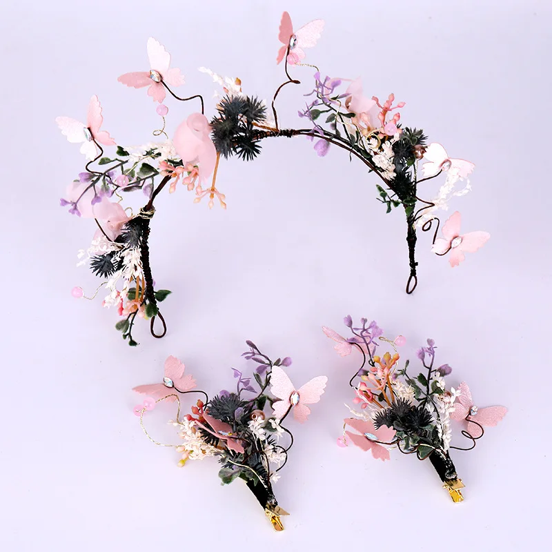 

Hot Sale New Pink Flower Wedding Headbands Hairpins Set Crystal Pearl Bridal Hair Accessories Women Princess Garland Hairbands