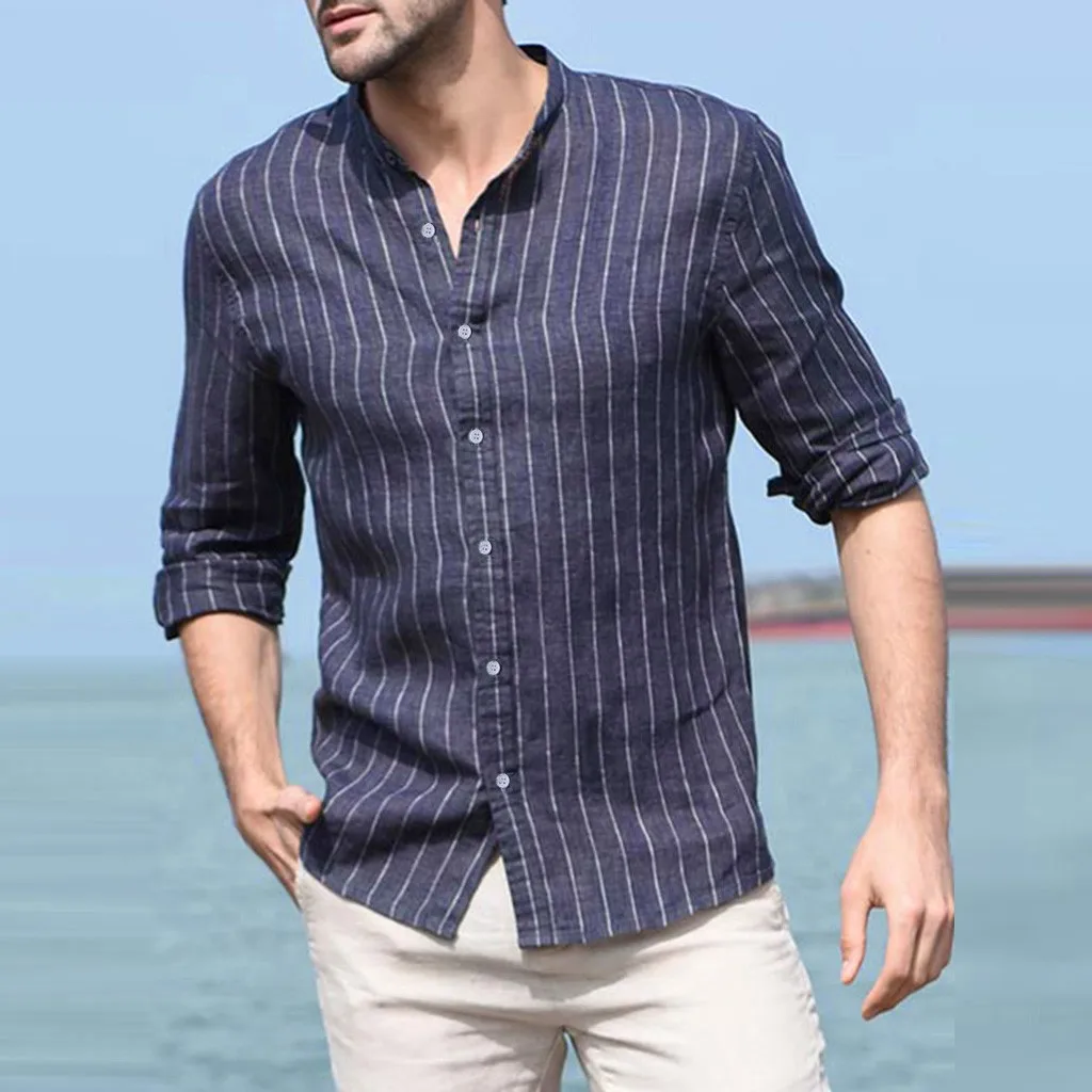 

Fashion Men Baggy Fit Cotton Linen Shirt Casual Tops Trendy Striped blouse Tops Long Sleeve Button Male Shirt camisa masculina