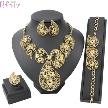 

4pc/set!!! Hollow Geometric Jewelry Sets for Women Necklace Ring Stud Earring Wedding Bridal Accessories Dubai Gold Jewelry Sets