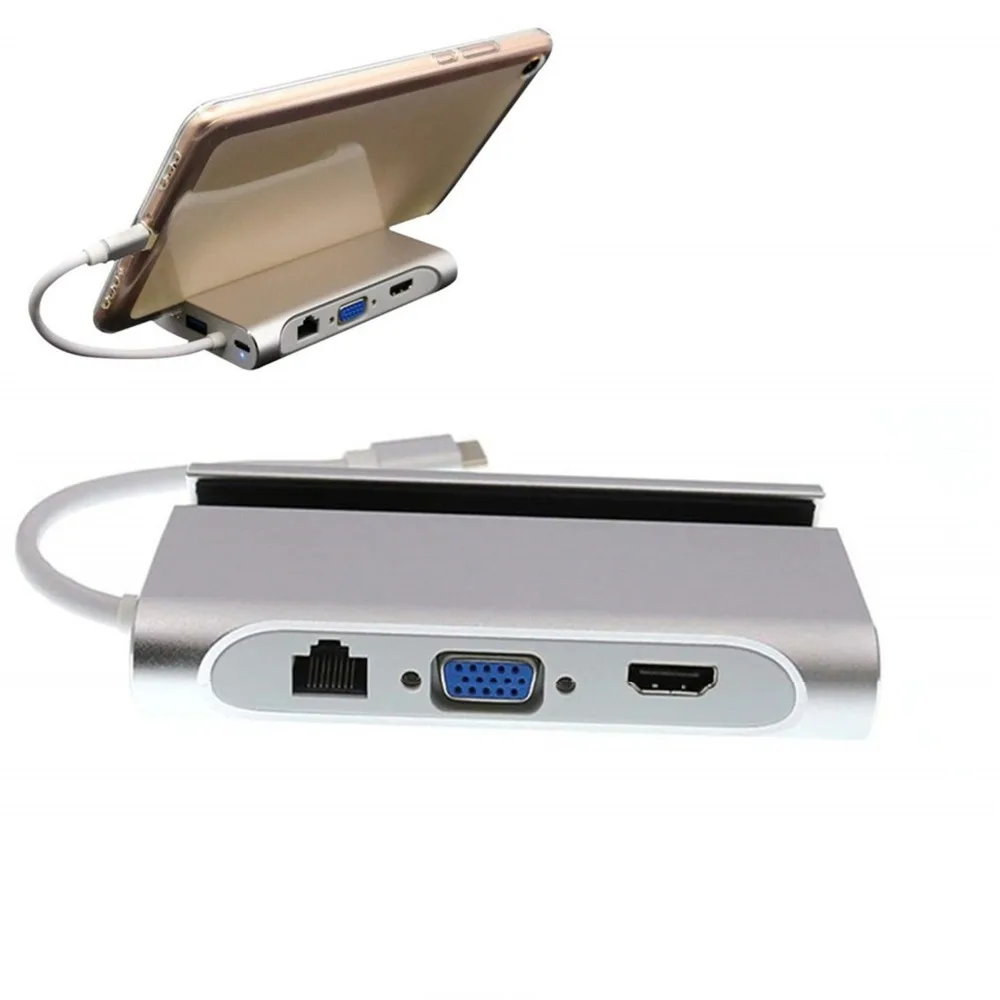 

7 in 1 USB -C USB 3.1 Type C to 4K HDMI VGA Rj45 Gigabit Ethernet 3 USB 3.0 Port Type C PD Charging Adapter Dock Holder Hub