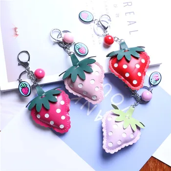 

20PCS/LOT Leather Strawberry Bag CHAINS Cute Pompoms Keyring Pom Bag Car Pendant Key Ring Birthday gifs Girl