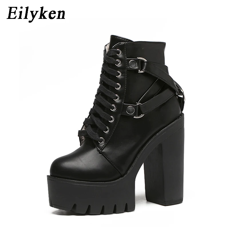 Najtaniej Eilyken Fashion czarne buty damskie 2019 nowa jesienna koronka miękka skórzana platforma buty kobieta Party botki wysokie obcasy