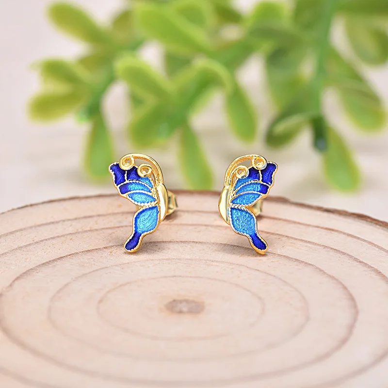 Gold Silver Plating Blue Color Simple  Butterfly Stud Earrings Chinese Cloisonne Enamel Charm Jewelry Fashion Animal Earrings (1)