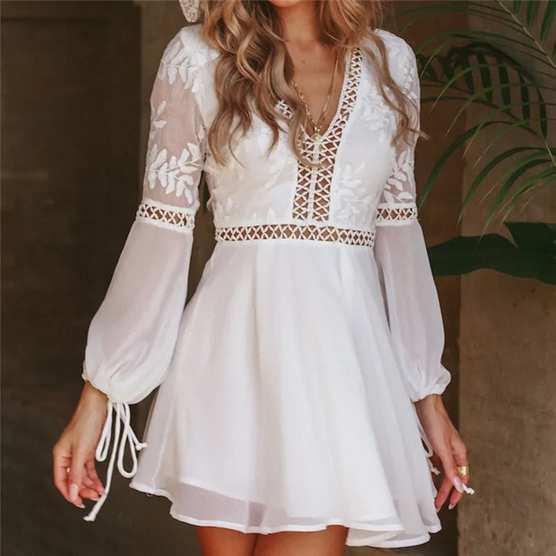 Новое модное женское повседневное сексуальное короткое мини-платье с v-образным вырезом и длинным рукавом с кружевной отделкой белое платье vestido