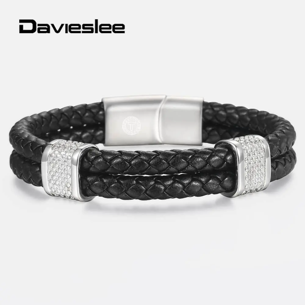

12mm Double Layer Black Leather Rope Magnetic Bracelet Mens Boys Stainless Steel Surfer Bracelet 8.5 " Male Bangles Gift DDLB147