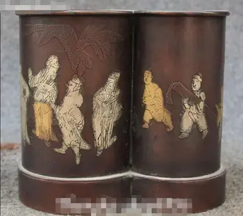 

China Bronze Painting Dynasty Palace People Man Pen Container Holder Pencil Vase