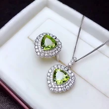[MeiBaPJ натуральный драгоценный камень перидота сердце кольцо и ожерелье для женщин Настоящее серебро 925 проба зеленый ювелирные изделия с камнями набор